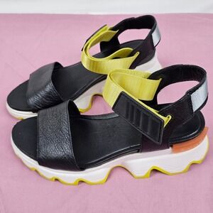Sorel Women's Platform Sport Sandals Black Yellow Chunky Lug Sole Size 8